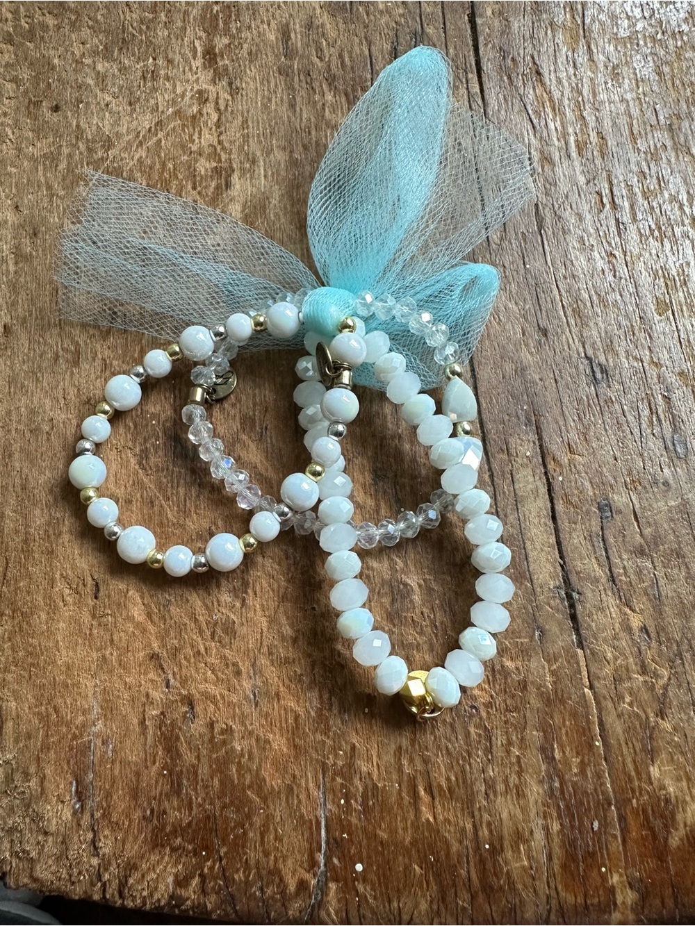 Ermish Delicate White Beaded Stretch Bracelet Set of 3 with Gold Accents